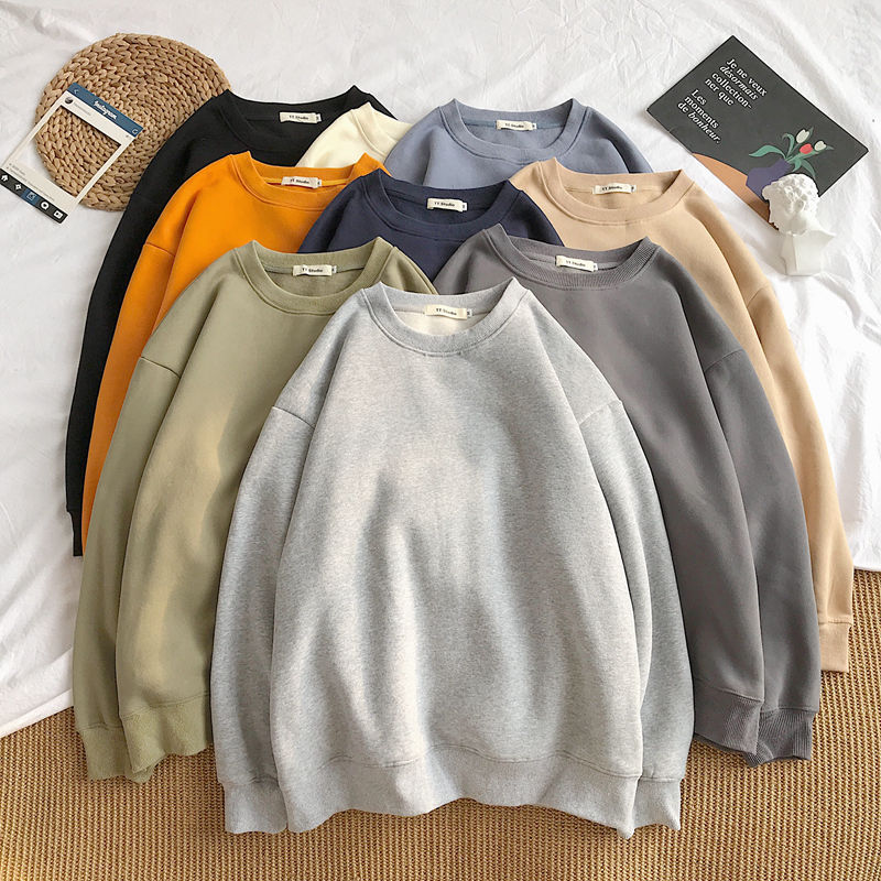 [190g David official figure] solid color leisure students Korean version of plus size loose couple crew neck sweater female ins