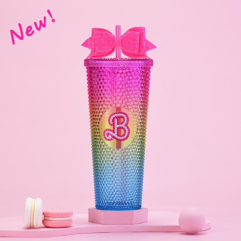 Taza de paja de plástico de doble capa 710ml taza de paja de gran capacidad con brillo arco mano taza Durian taza
