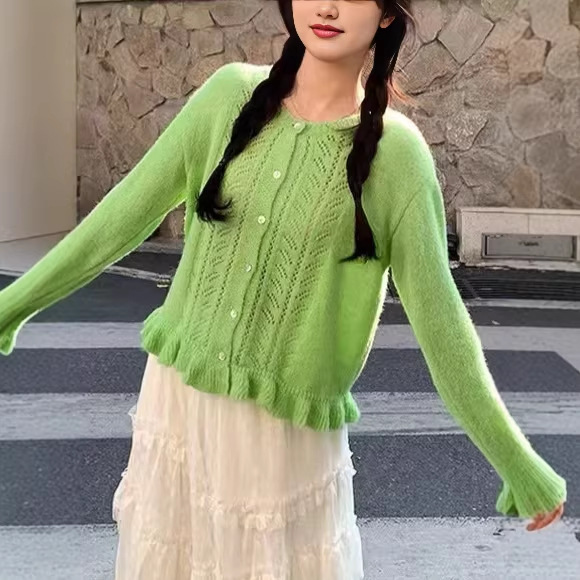 잉어 외 한계 여성 봄 꽈배기 니트 가디건 루즈핏 프릴 단색 긴팔 스웨터 아