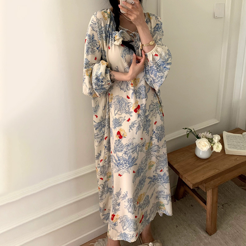 Long-sleeved nightdress for women spring/autumn summer women's cotton silk bohemian style pajamas cotton silk beach dress home wear thin plus size Long-sleeved nightdress for women spring/autumn summer women's cotton silk bohemian style pajamas cotton silk beach dress home wear thin plus size