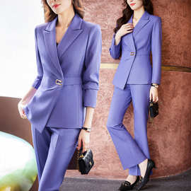 紫色西装外套女秋季2023新款高级感职业装正装套装小个子休闲西服