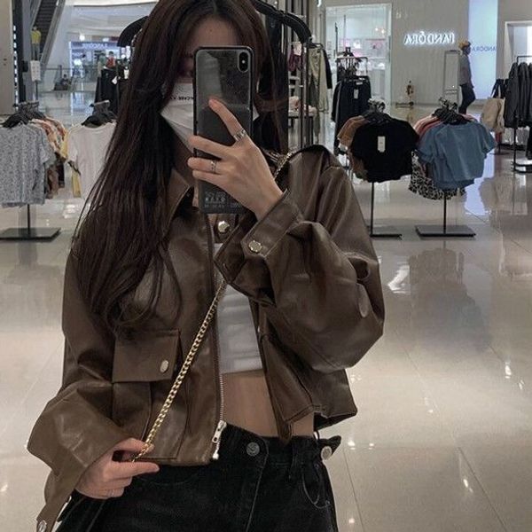 Melard's popular short leather jacket for women, spring, autumn, and winter, trendy biker style, Hong Kong style, versatile outerwear for petite figures
