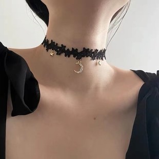 Moon star black and white lace short necklace choker collar neck jewelry