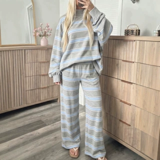 2026秋冬季新款欧美亚马逊欧独立站跨境条纹时尚休闲简约女士套装
