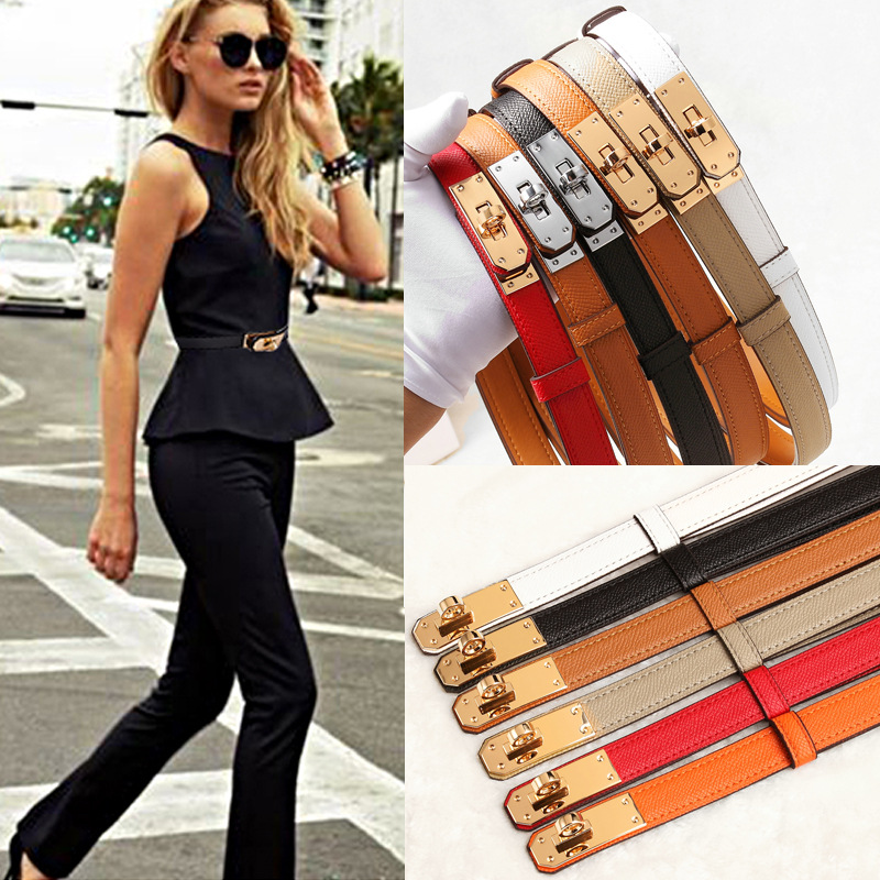 H's Kelly Genuine Leather Thin Belt Women's Lock Kelly Coat Summer Decoration with Skirt Waist Versatile Belt