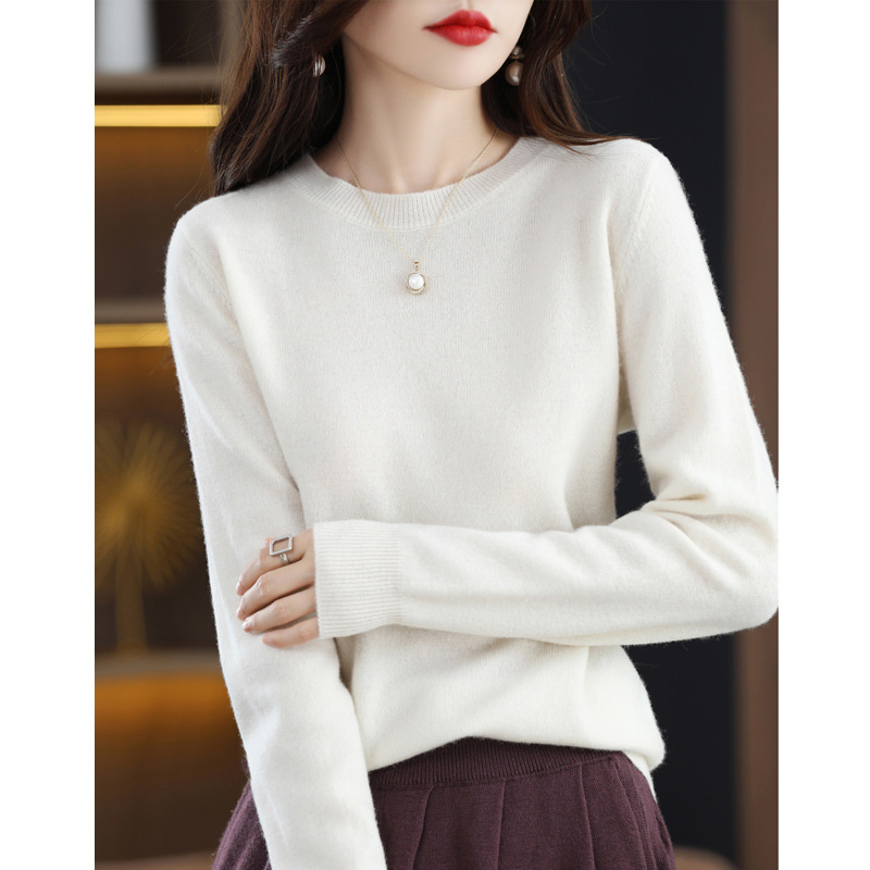 Otoño e Invierno 100% suéter de lana pura de las mujeres de cuello redondo Jersey corto de lana de manga larga suéter recto suéter a juego ropa exterior