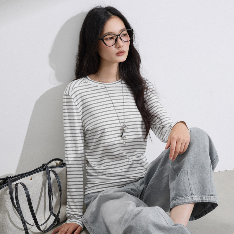 Lyocell Tencel Long-Sleeve T-Shirt for Women 2026 New Slim Fit Lazy Style Black and White Striped Base Layer Shirt