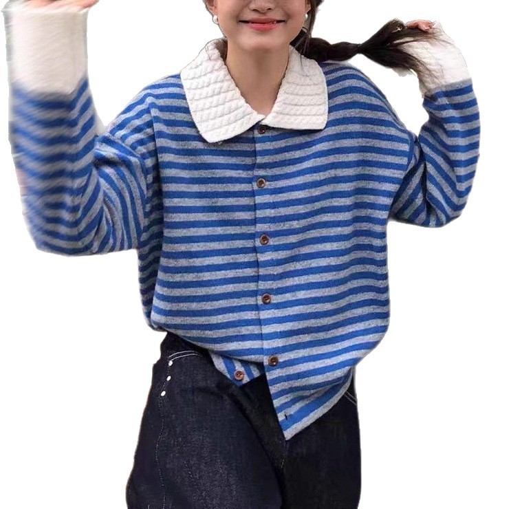 法式小香风 条纹翻领长袖宽松毛衣女装针织衫 拼色松弛感穿搭外套|undefined