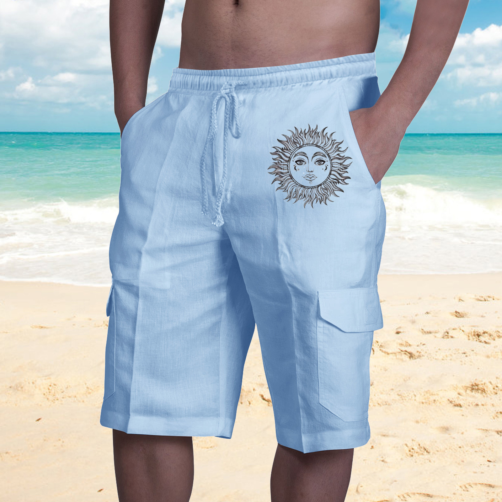 2022 Amazon estación independiente nuevos pantalones cortos de lino transfronterizos europeos y americanos multi-Bolsa de encaje de playa de los hombres monos