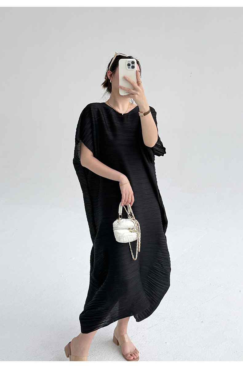 Váy maxi xếp ly cổ tròn tôn dáng mùa hè — Màu đen chi tiết 19