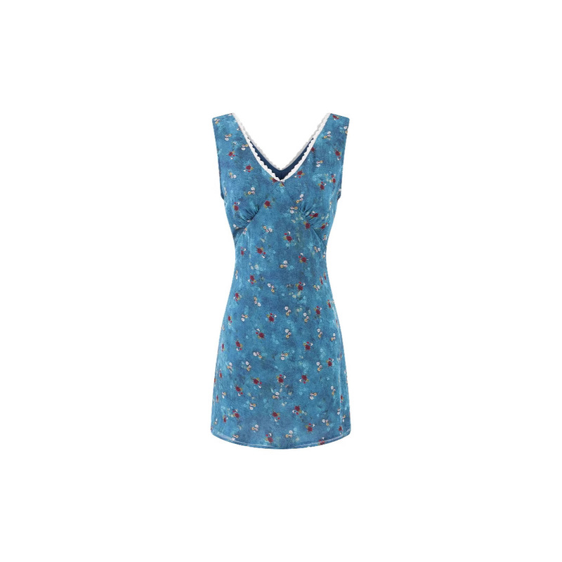 Summer New Capri Blue Floral Dress, Fashionable and Elegant, Slim V-Neck Waist-Cinching Sleeveless Dress
