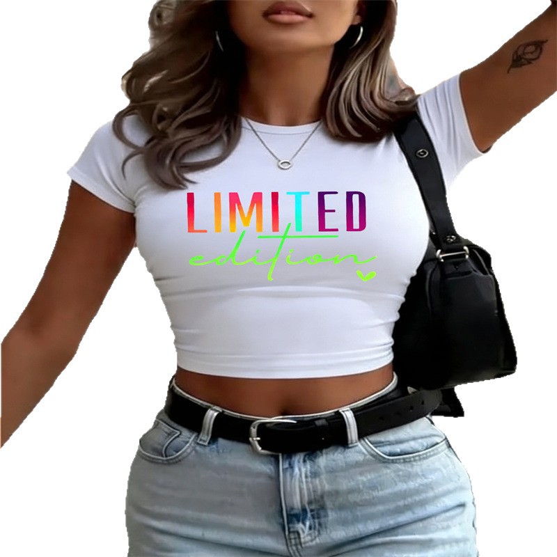 Summer New Style Women's Slim Fit T-Shirt Fresh Cute Print European American Cross Border Spot Goods Sexy Short Top_ecoleips.com