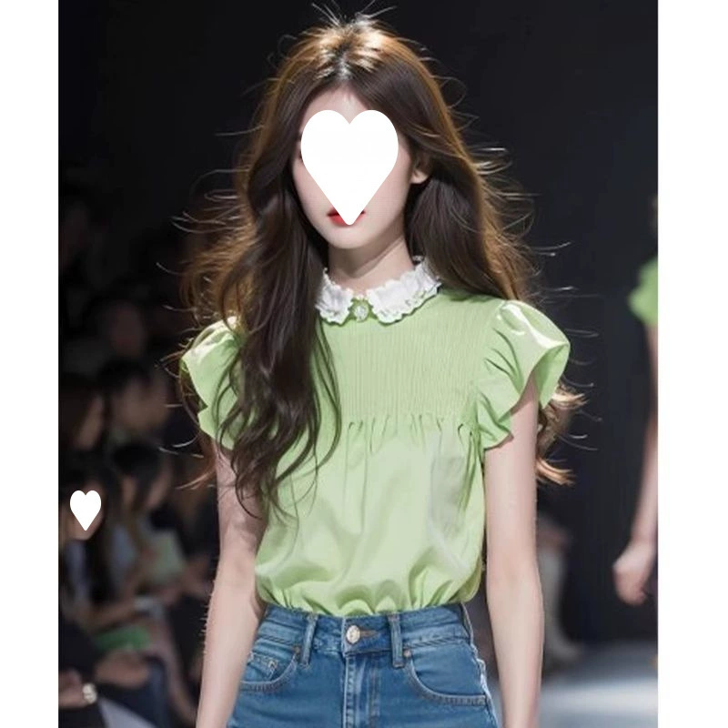 2025 новая летняя светло-зеленая рубашка с кукольным воротником и маленькими летящими рукавами, популярная в этом году красивая рубашка