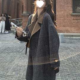 韩版条纹撞色毛呢外套女秋冬季2024新款小个子高级感加厚呢子大衣