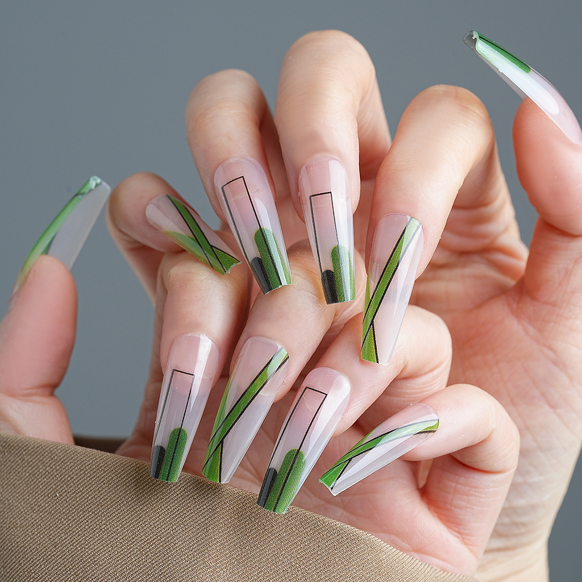 Uñas postizas de estilo francés populares transfronterizas, parches de uñas postizas largas, uñas postizas desmontables terminadas de fábrica.