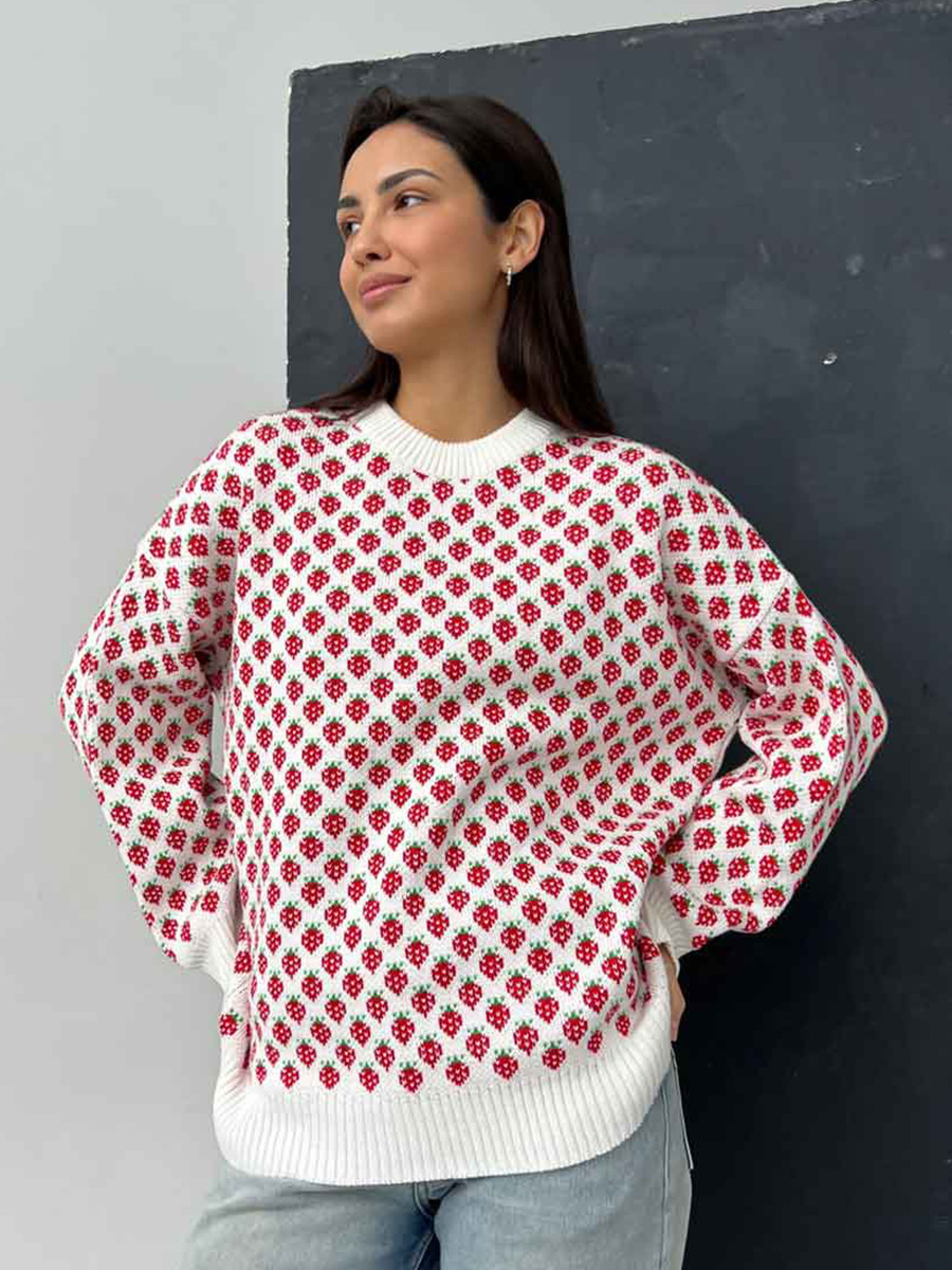 Suéter jacquard de fresa transfronteriza Europa y los Estados Unidos 2025, otoño y invierno nuevo collar redondo jersey suéter de impresión suelta para mujeres image 5