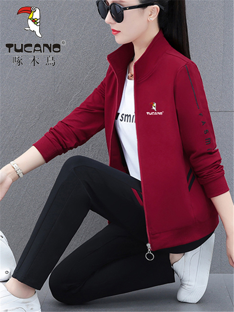 啄木鸟名牌正品棉质套装女春秋新款长袖开衫两件运动服休闲三件套