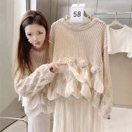 复古镂空圆领针织衫女2023年秋季新款设计感小众拼接网纱长袖上衣