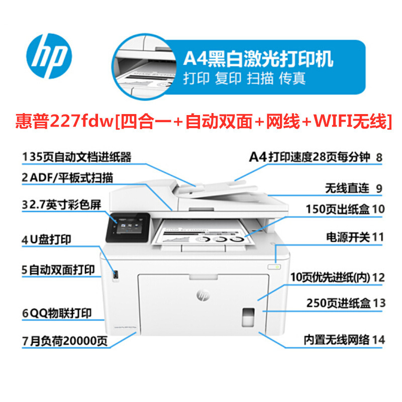 Impresora láser inalámbrica A4 de doble cara en blanco y negro Copiadora HP HPm227fdw/227sdn/227fdn