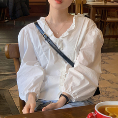 2025年春新款百搭甜美少女休闲褶花边泡泡长袖衬衫设计感小众上衣