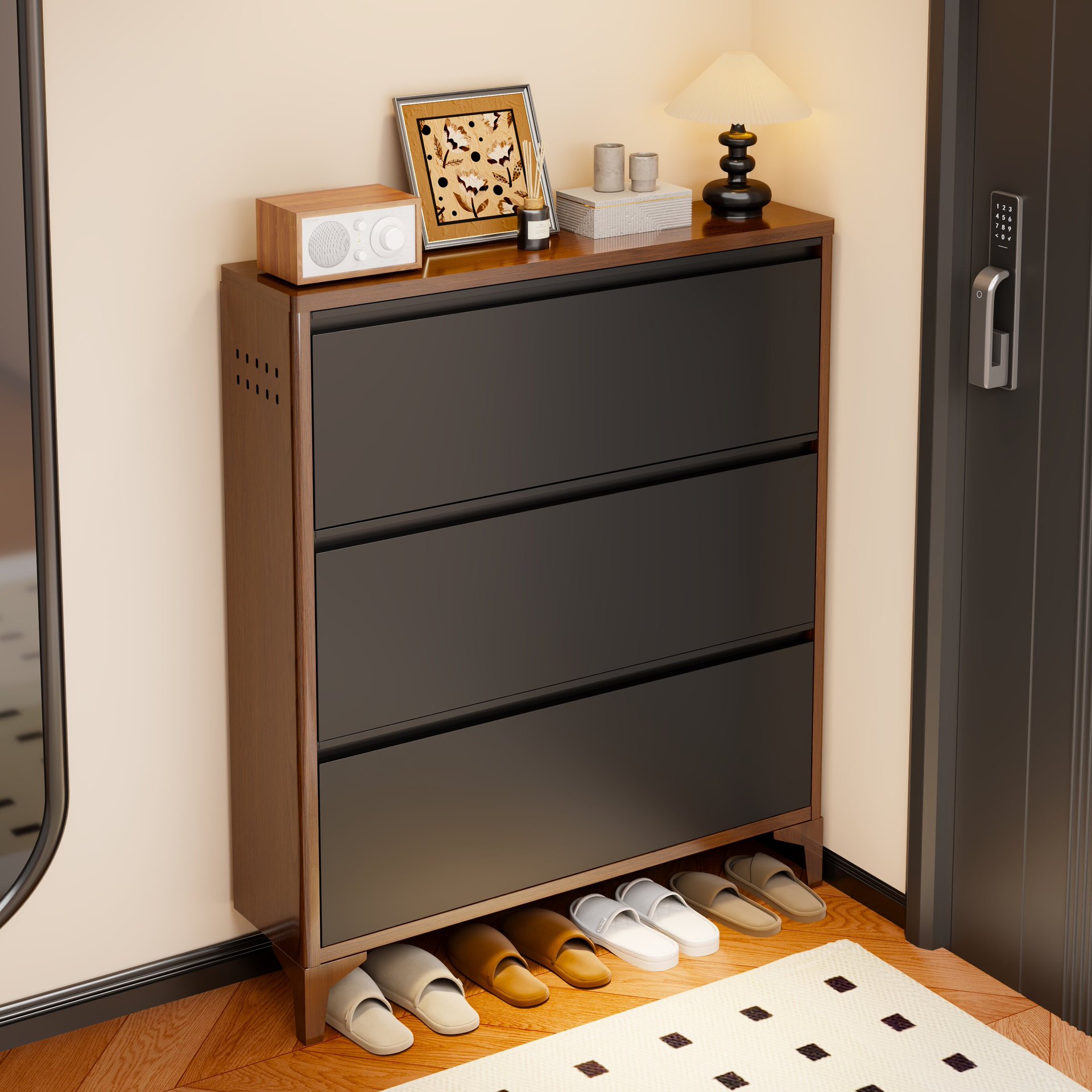 Ultra-Thin Steel Flip-Shoe Cabinet for Home Use, Extremely Narrow Shoe Rack for Entryway, Integrated Wall-Mounted Entryway Cabinet, Vintage-Style Iron Cabinet