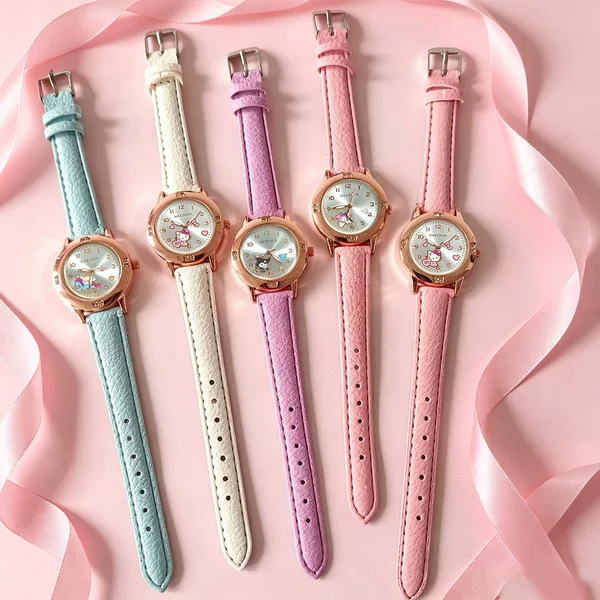 Popular in foreign trade: Cartoon KT Cat playful timepiece, rose gold with diamond inlay, women's quartz watch, in stock for wholesale