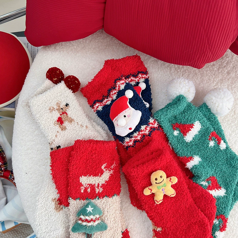 () cartoon coral velvet keep warm red knee socks, mid-length, increased thickness