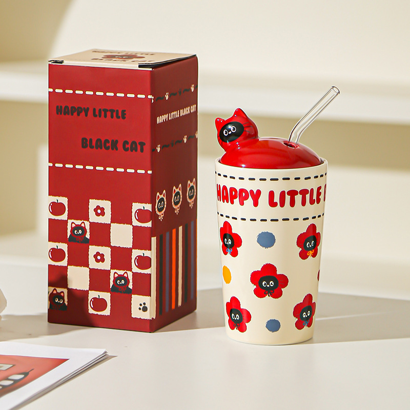 Caricatura gatito taza de paja hermosa taza de alto valor facial taza de agua taza de gran capacidad con cubierta de regalo