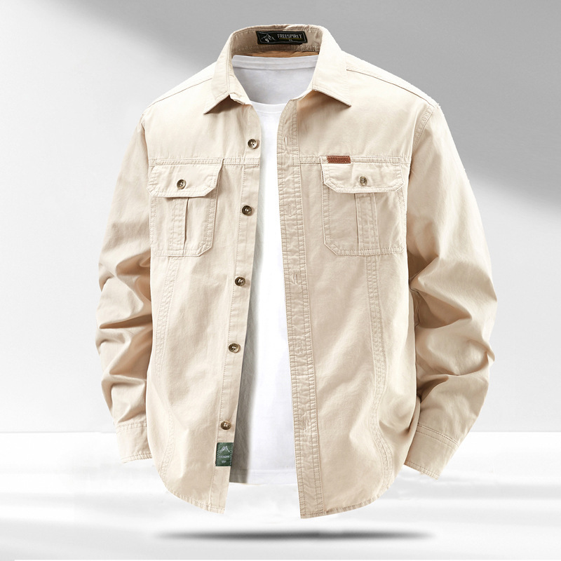 Cross-Border Middle-Aged American-Style Workwear Shirt Men's Jacket Autumn and Winter Casual Pure Cotton Long-Sleeved Shirt Business Commuting