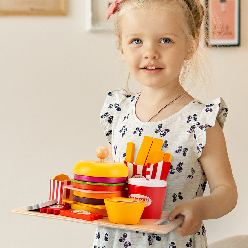 Juego de casas para niños simulación hamburguesa de madera paquete de papas fritas juguetes de madera cocina horneado gourmet regalo para niños y niñas