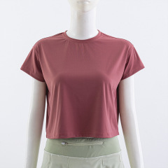 跨境瑜伽上衣短袖露臍短款瑜伽罩衫女速干寬鬆t恤跑步運動健身服