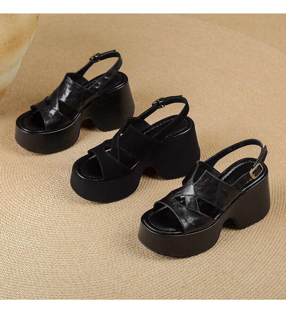 Sandal cao gót nữ đế platform da lộn quai ngang gót 9 cm — Da cừu đen lật, Da cừu đen chi tiết 16