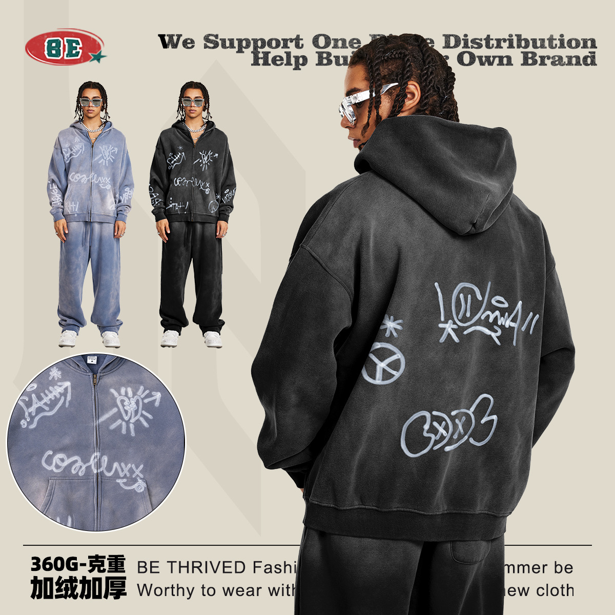 BE ropa de hombre | 2025 otoño e invierno graffiti pintado a mano completo Inca terciopelo con capucha cardigan suéter chaqueta suelta con cremallera hombres image 3