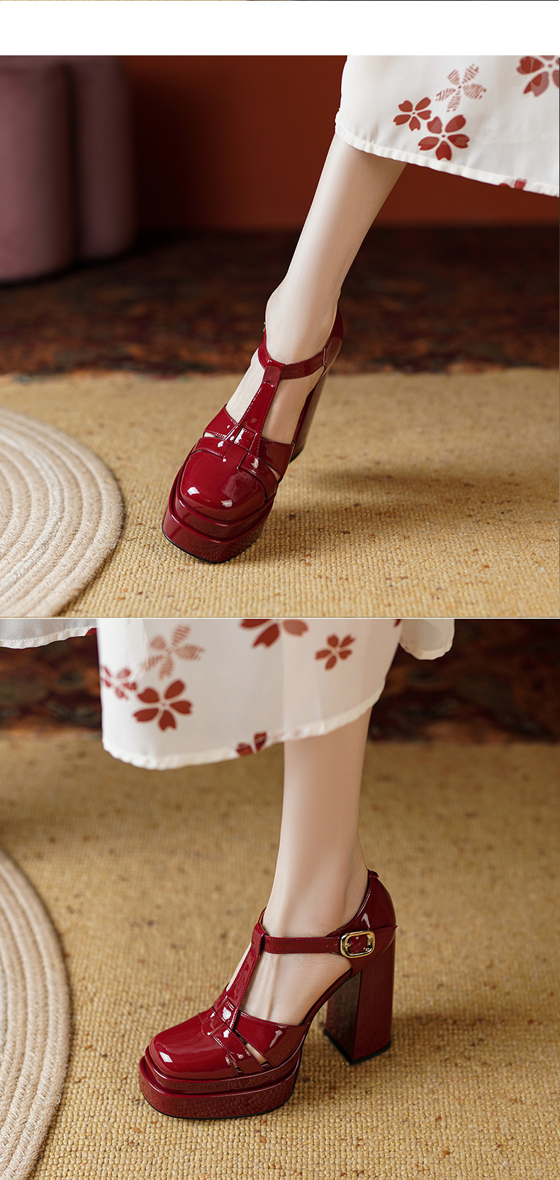 Sandal cao gót nữ quai chữ T mũi kín, gót vuông 12 cm, phong cách Âu Mỹ — Màu đen chi tiết 5