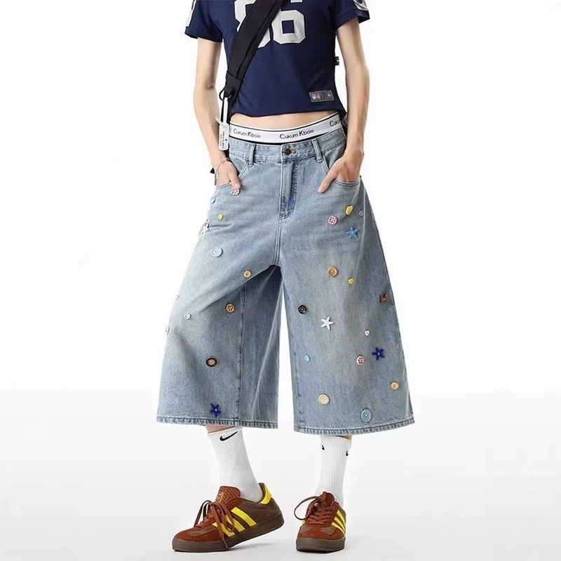 American Retro Light Blue Cropped Jeans for Women, New Summer Style, Low-Waisted, Loose, Versatile, Straight-Leg, Wide-Leg Cropped Pants