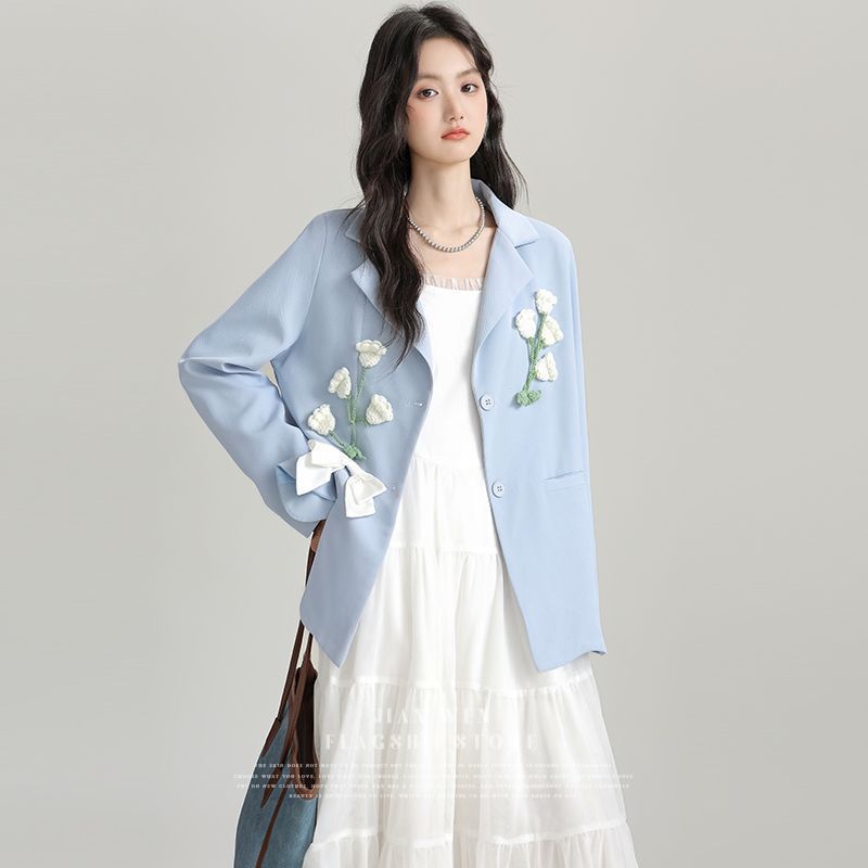 2025春秋新款蓝色文艺风通勤气质西装外套女立体花朵高级感西服潮|undefined