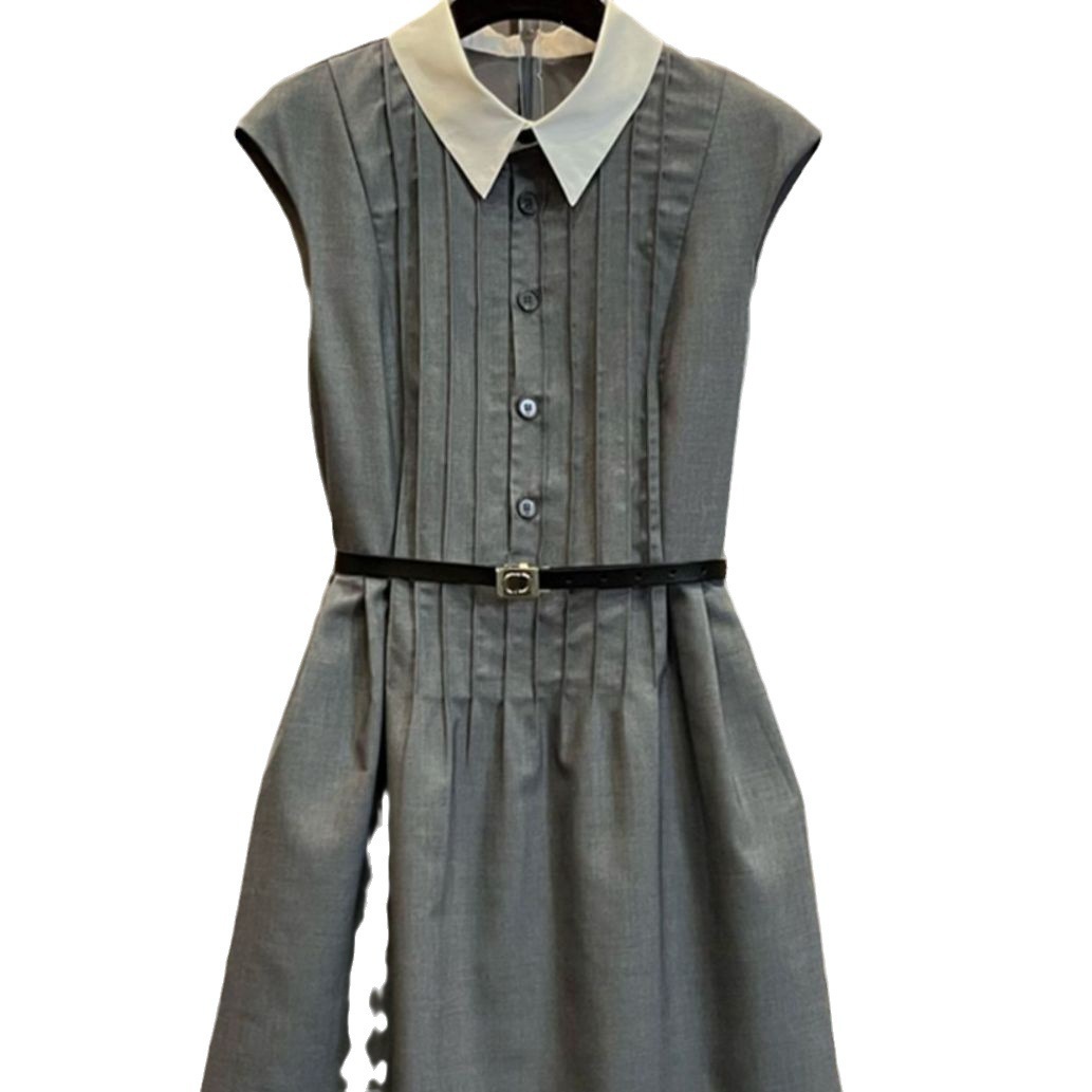 Váy liền thắt lưng cổ polo không tay dáng midi chất liệu cotton phối thắt lưng — Màu xám