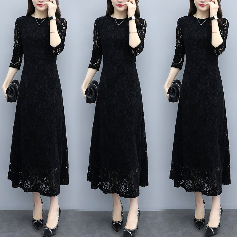 Real in stock# fleece-lined/non-fleece-lined long sleeve lace dress 2021 autumn and winter new knee-length skirt