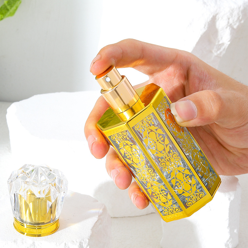 Botella de spray de perfume de 50ml oro galvanizado UV vidrio vacío botella de maquillaje