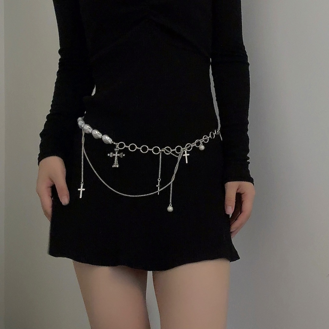 European And American Fashion Dia-Studded Cross Tassel Waist Sweet Cool Heavy Craft Irregular Pearl Chain Splicing Belt_voghion.com