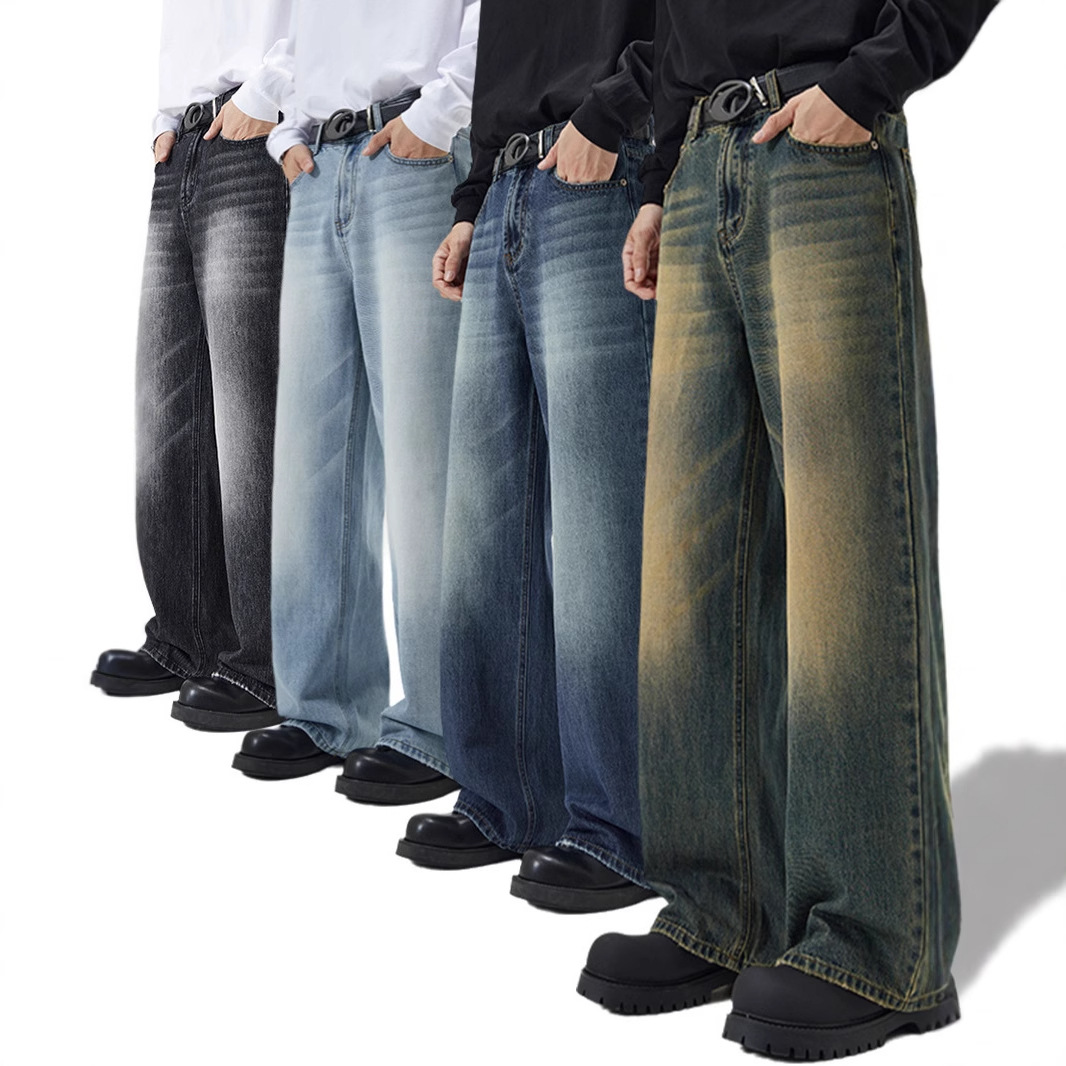 LKTM男装#四季跑量款韩版A型直筒牛仔裤男潮牌宽松阔腿拖地长裤子