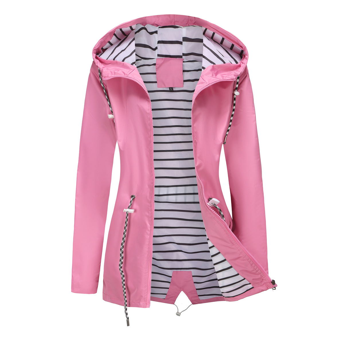 nieuwe lange mouwen anti-spatwater lange windjack dames capuchon gestreepte regenjas cross border plus size dameskleding_voghion.com