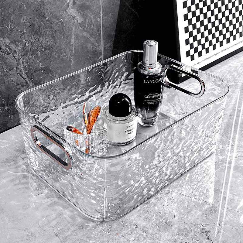 Caja de almacenamiento acrílica de lujo ligera máscara transparente de escritorio para productos de cuidado de la piel cosméticos cesta de almacenamiento bocadillos caja de acabado