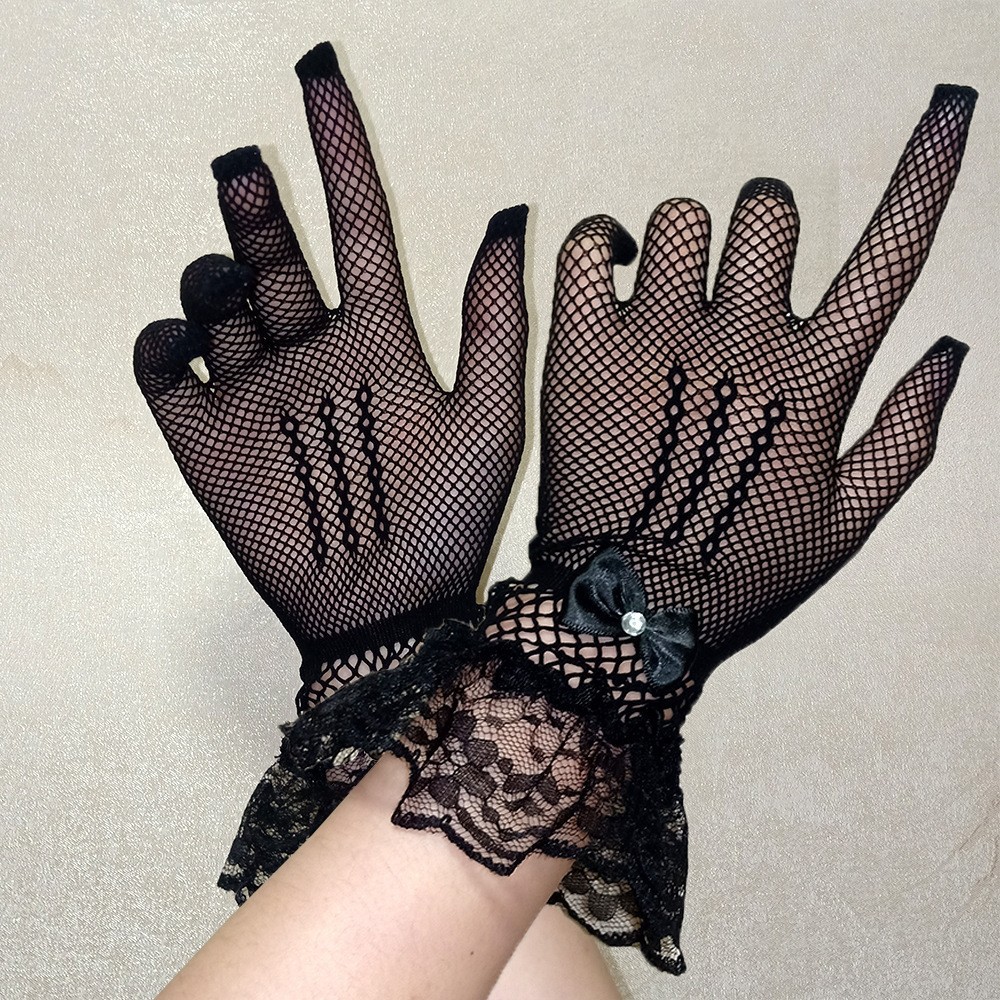 Black Lace Airplane Gloves for Women, Hollow Elastic Performance Gloves — detail image 3