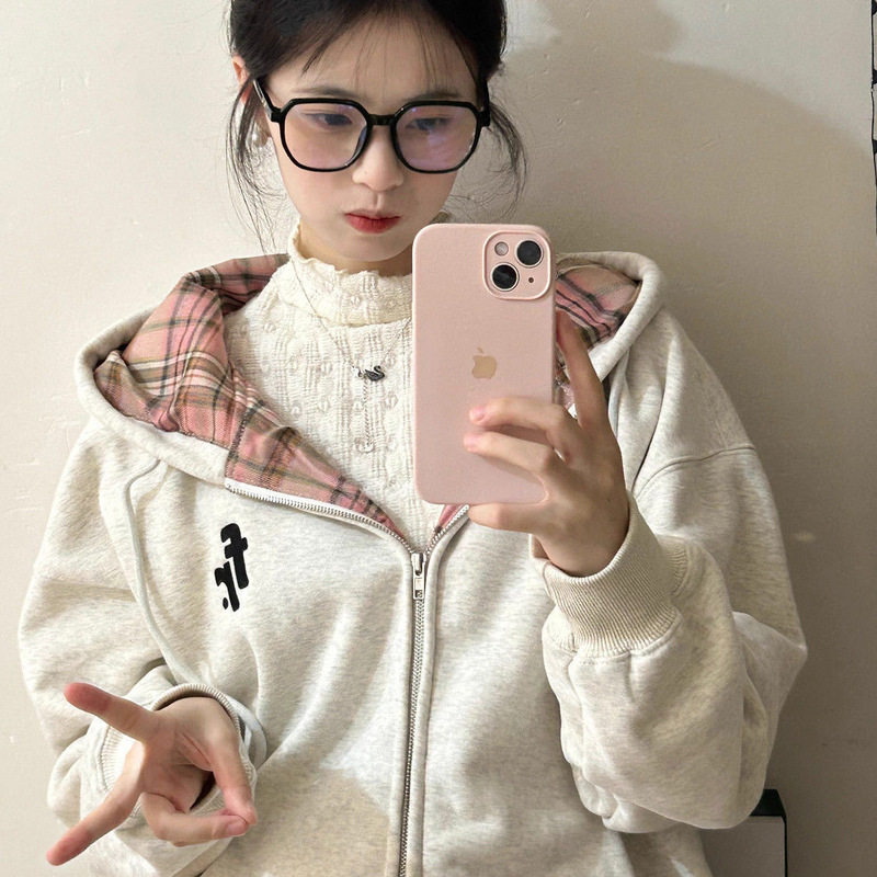 韩系拼接格子连帽卫衣女秋冬2025新款休闲设计感加绒美式复古帽衫|undefined