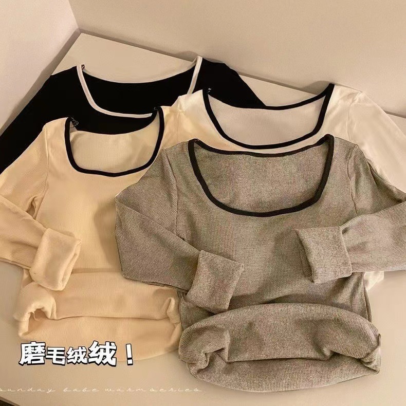 Otoño e invierno cepillado cálido top de manga larga de una sola pieza de contraste de color SLIM-Fit diseño adelgazante bottoming Top con almohadilla para el pecho