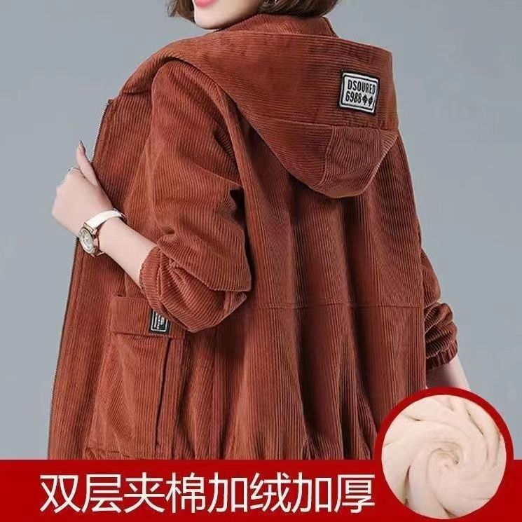 Thin & Fleece Large Size 100kg Corduroy Jacket for Women, New Loose Fit for Middle-Aged Moms in Autumn and Winter