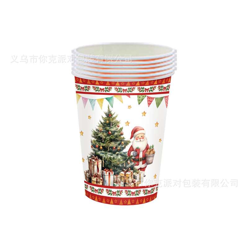 水彩クリスマスパーティー紙皿クリスマスツリーサンタクロース使い捨て紙コップティッシュテーブルクロスパーティー皿|undefined