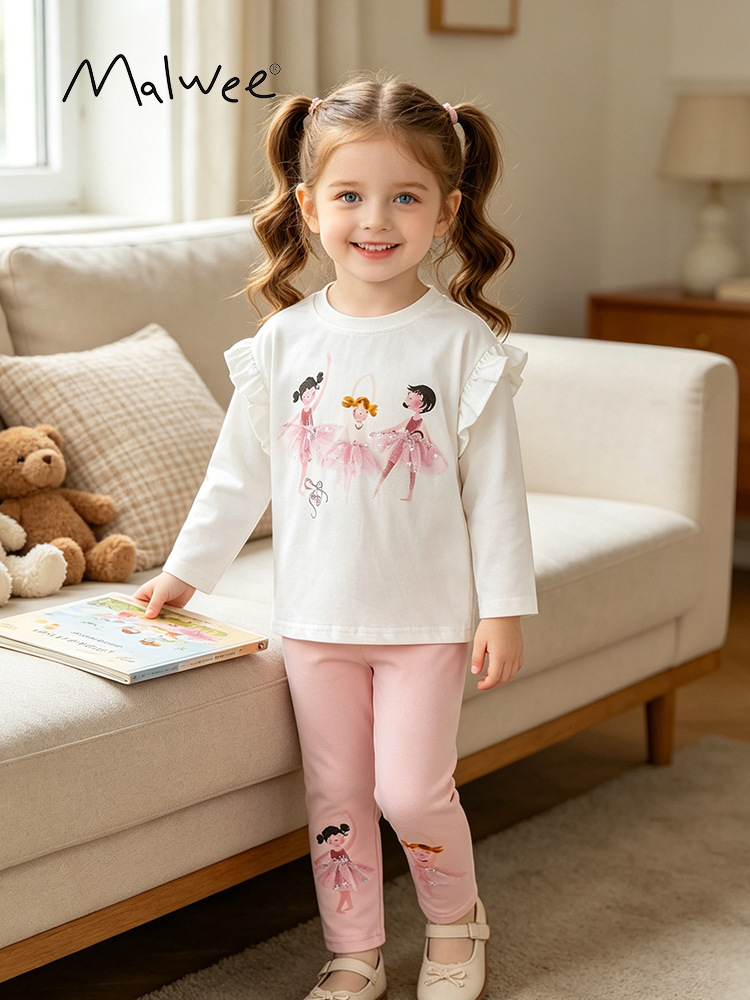 Malwee traje para niñas otoño e invierno nuevo estilo europeo y americano casual cuello redondo manga larga cintura elástica pantalones de dos piezas