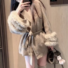 2025秋新款韩版气质休闲宽松垂感狐狸毛袖口针织开衫外套女